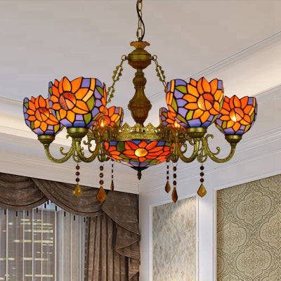 Stunning Inverted Chandelier with Tiffany Stained Glass, 7 Crystal Lights, and Colorful Sunflower Pattern in Brass