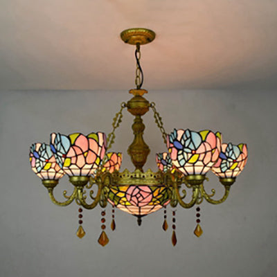 Stained Glass Chandelier With Floral Tiffany Design 7 Crystal Lights In Brass Finish