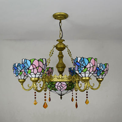 Stunning Inverted Chandelier with Tiffany Stained Glass, 7 Crystal Lights, and Colorful Sunflower Pattern in Brass