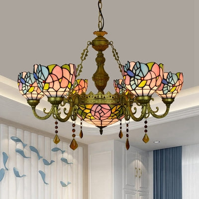 Stunning Inverted Chandelier with Tiffany Stained Glass, 7 Crystal Lights, and Colorful Sunflower Pattern in Brass