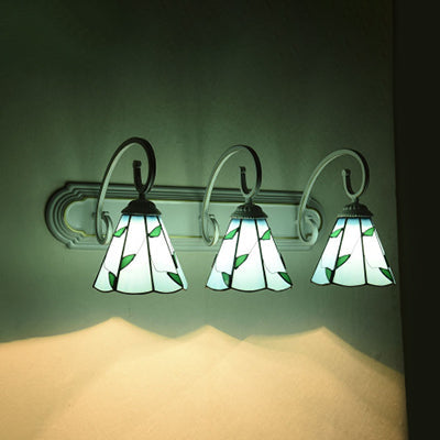 Lily Sconce Light Fixture In Tiffany Blue/Beige Glass - 3-Head White Wall Mounted With Scrolling Arm