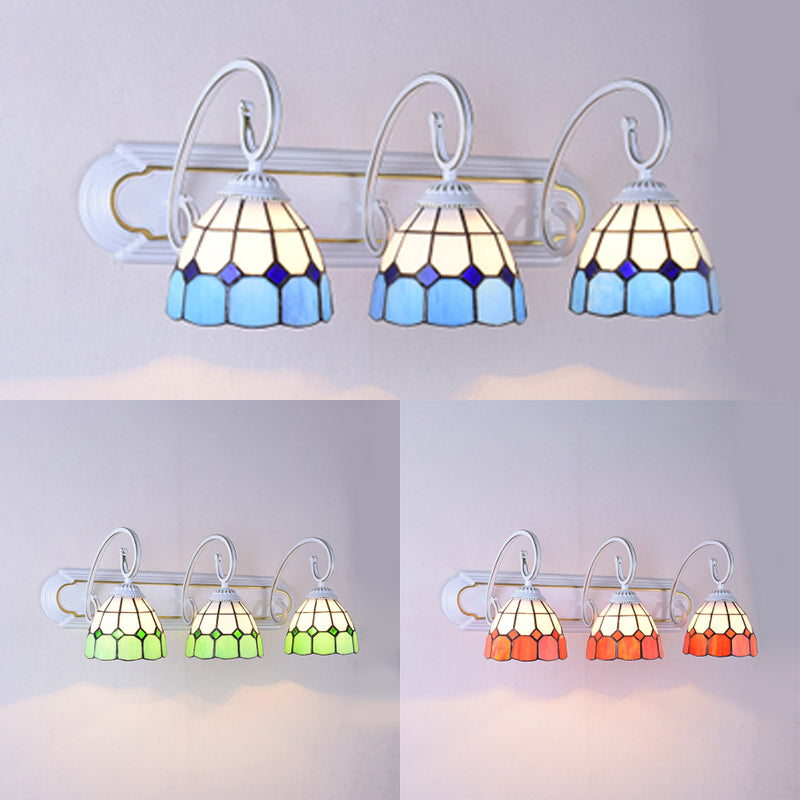 Tiffany Grid Patterned Glass Sconce Light With Curved Arm - 3 Heads Orange/Green/Blue