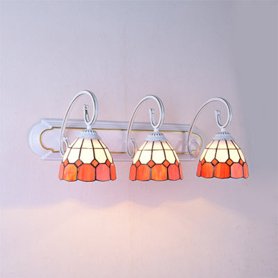 Tiffany Grid Patterned Glass Sconce Light With Curved Arm - 3 Heads Orange/Green/Blue Orange