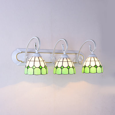 Tiffany Grid Patterned Glass Sconce Light With Curved Arm - 3 Heads Orange/Green/Blue Green