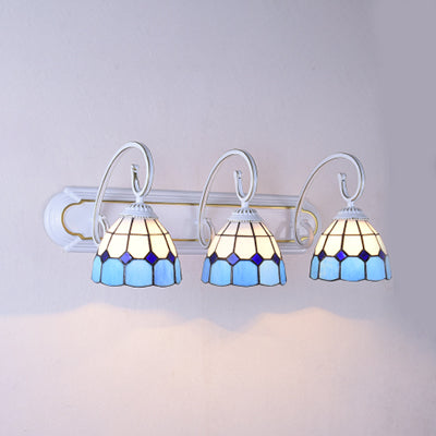 Tiffany Grid Patterned Glass Sconce Light With Curved Arm - 3 Heads Orange/Green/Blue Blue