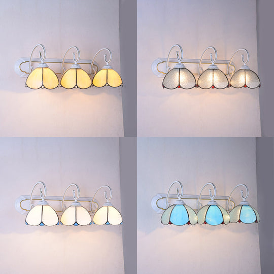 Tiffany Glass Flower Wall Sconce: 3-Headed Light With Scrolling Arm - White/Clear/Blue