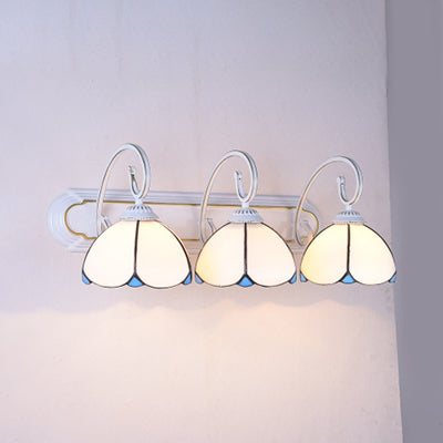 Tiffany Glass Flower Wall Sconce: 3-Headed Light With Scrolling Arm - White/Clear/Blue White
