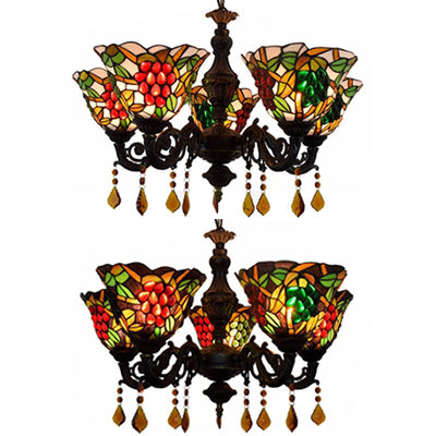 Multicolored Bell Inverted Chandelier Tiffany Stained Glass 5-Light Grapes Hanging Light with Crystal accents (Black/White)