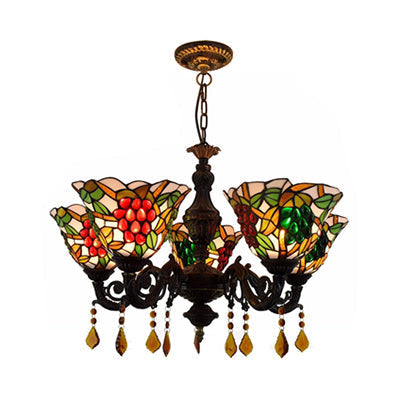 Tiffany Stained Glass Inverted Chandelier With Multicolored Bell Shades And 5 Grape Lights