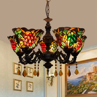 Tiffany Stained Glass Inverted Chandelier With Multicolored Bell Shades And 5 Grape Lights