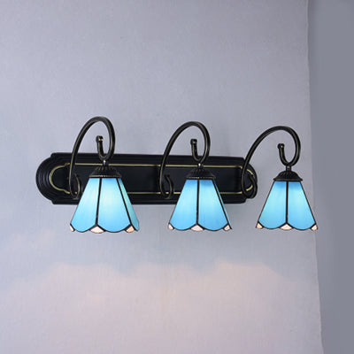 Black Tiffany Sconce Light For Bathroom Wall With Lily Glass Shades - 3 Heads Blue