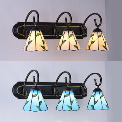 Tiffany Blue/Beige Glass Cone Wall Light Fixture With 3 Heads In Black - Elegant Vanity Sconce