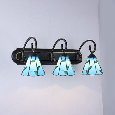 Tiffany Blue/Beige Glass Cone Wall Light Fixture With 3 Heads In Black - Elegant Vanity Sconce