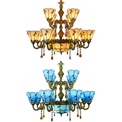 Country Chandelier: Beige/Blue Stained Glass, 12 Heads, Two-Tiers, Pendant Light for Living Room
