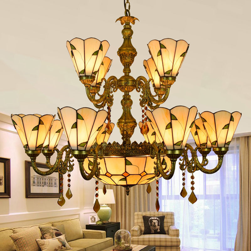 Country Chandelier: Beige/Blue Stained Glass, 12 Heads, Two-Tiers, Pendant Light for Living Room