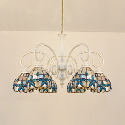 Stained Glass Inverted Chandelier with Floral Jewel Pattern - Lodge Domed Pendant Lighting (3/6/8 Lights, Beige)