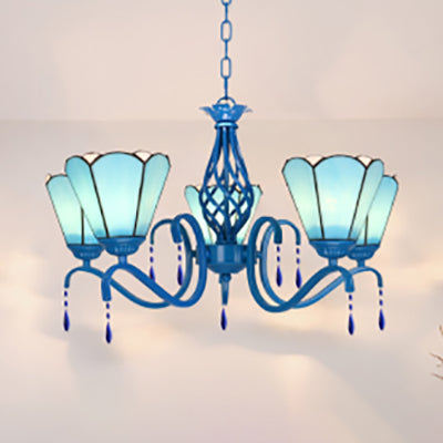 Vintage Cone Pendant Stained Glass Ceiling Light With Crystal - 5 Lights For Industrial Bedroom Blue