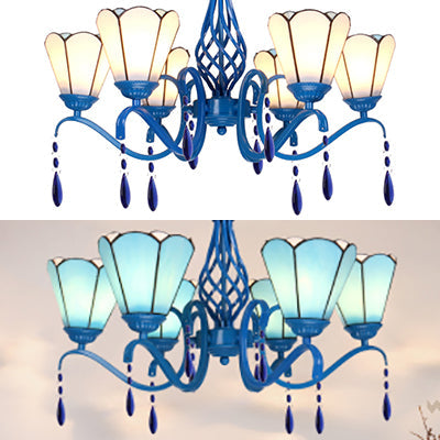 Retro Scalloped Stained Glass Chandelier With Crystal - 6 Light Ceiling Fixture For Living Room