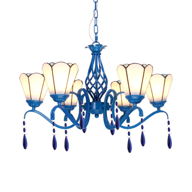 Scalloped Stained Glass Chandelier with Crystal Accents - Retro 6-Light Ceiling Fixture for Living Room