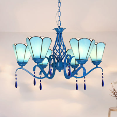 Retro Scalloped Stained Glass Chandelier With Crystal - 6 Light Ceiling Fixture For Living Room Blue