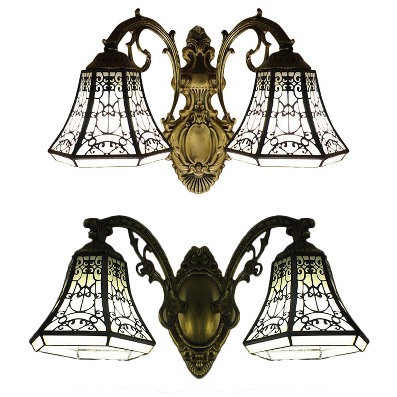 Lodge Bell Wall Sconce With Stained Glass Fence Design - 2 Lights