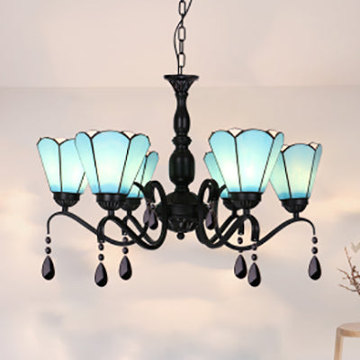 Vintage Stained Glass Conic Pendant Light - 6-Light Ceiling Fixture with Crystal for Bedroom Lighting