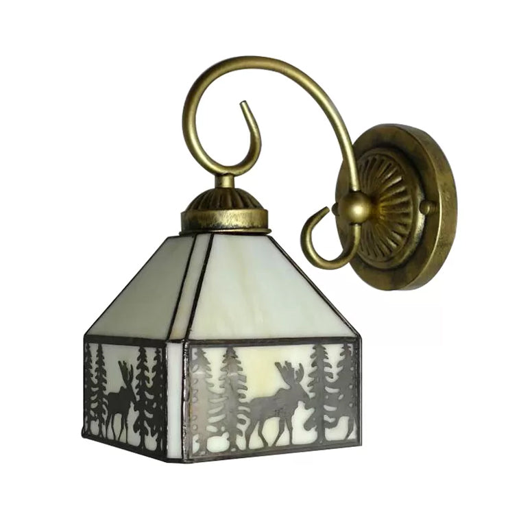 Lodge Stained Glass Wall Sconce With Curved Arm - Mini Mount Light