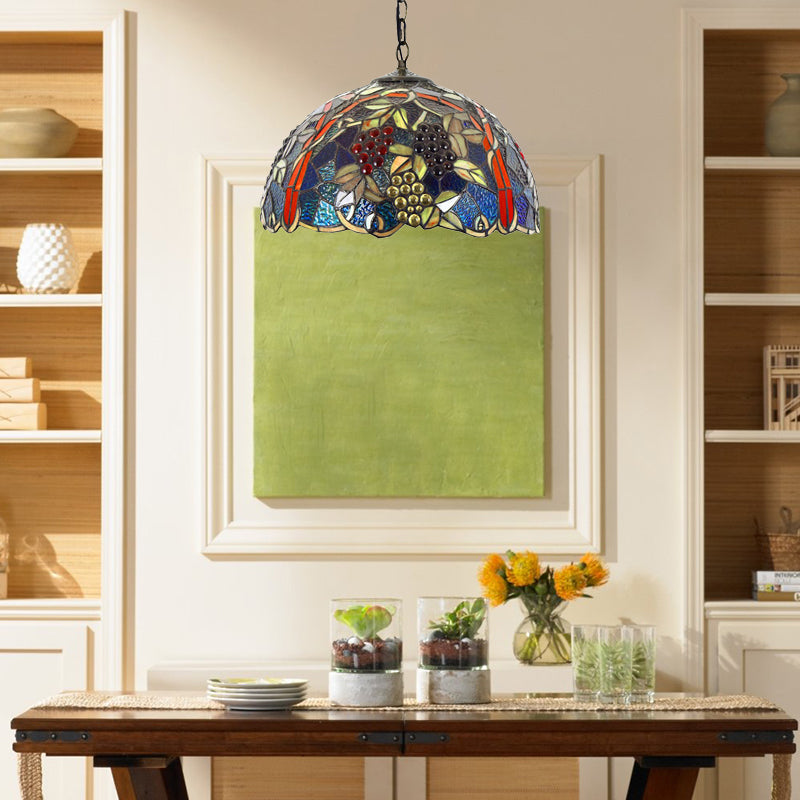 Tiffany Black Glass Pendant Lamp - Hand Cut Hemispherical Light Fixture With Grape/Leaf Pattern /