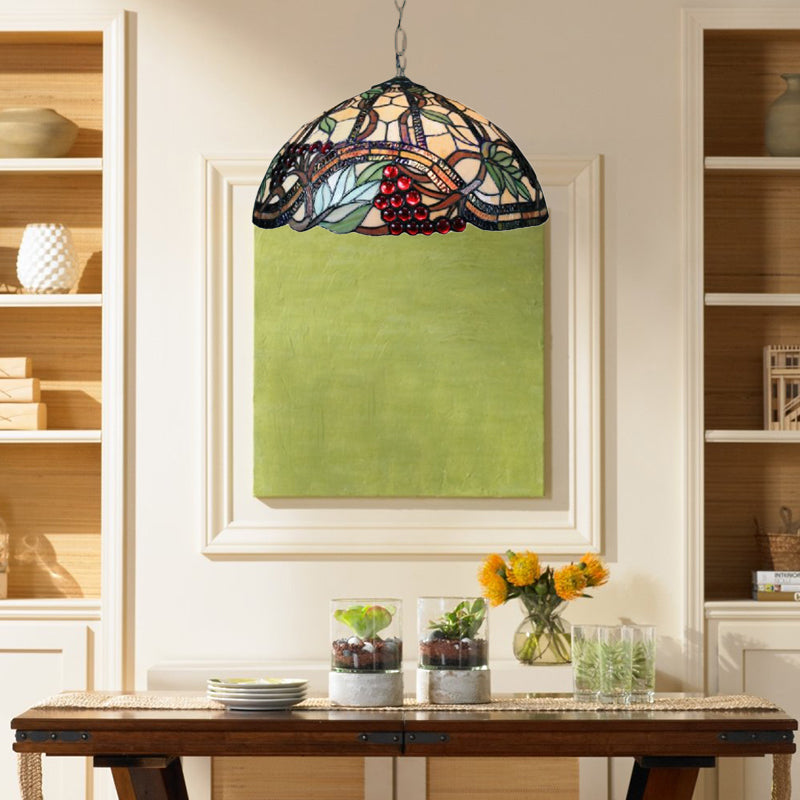 Tiffany Black Glass Pendant Lamp - Hand Cut Hemispherical Light Fixture With Grape/Leaf Pattern