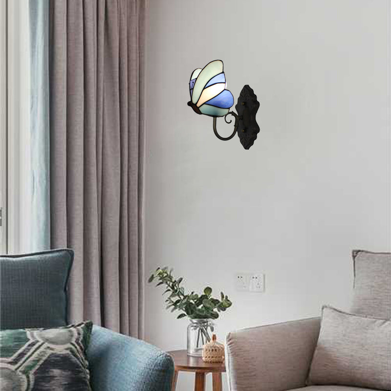Butterfly Stained Glass Wall Lamp: Art Deco Bedroom Lighting In Yellow And Pink/Blue Blue