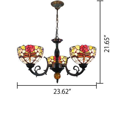 Stained Glass 3-Light Ceiling Pendant Chandelier - Retro Bowl Design with Dragonfly and Flower Pattern in Black