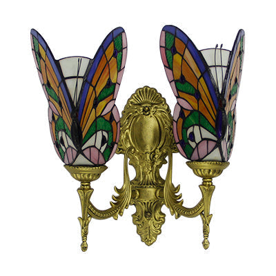Stained Glass Butterfly Wall Light - Colorful 2-Head Mount For Living Room