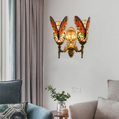 Stained Glass Butterfly Wall Light - Colorful 2-Head Mount For Living Room Brass