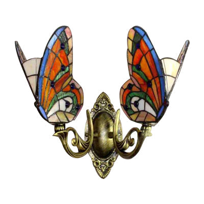 Stained Glass Butterfly Wall Light - Colorful 2-Head Mount For Living Room