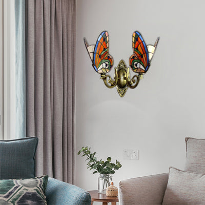Stained Glass Butterfly Wall Light - Colorful 2-Head Mount For Living Room Antique Bronze