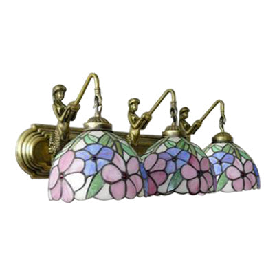 Pink Glass Sconce Light - Tiffany Style Wall Mounted Fixture With 3 Lights And Rose Pattern In Brass