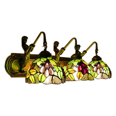 Antique Brass Dome Wall Lamp With 3 Stained Glass Sconce Lights & Leaf/Flower Pattern