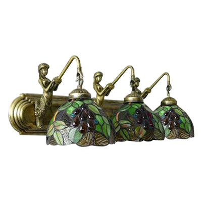 Antique Brass Dome Wall Lamp With 3 Stained Glass Sconce Lights & Leaf/Flower Pattern