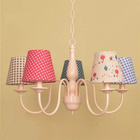 Metallic Pink Finish Chandelier With Tapered Shade - Nursing Room And Kids Suspension Light