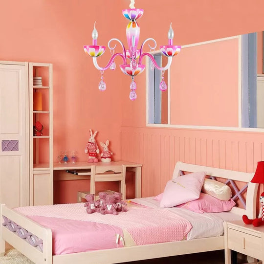 Kids Pink Nursing Room Chandelier Pendant Light With Crystal Deco - Metal Finish