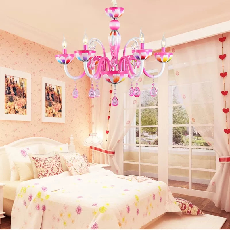 Kids Pink Nursing Room Chandelier Pendant Light With Crystal Deco - Metal Finish