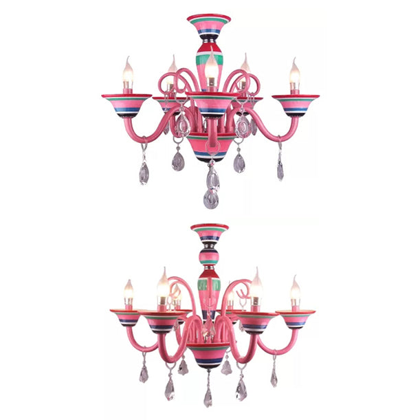 Kids Pink Teardrop Crystal Pendant Light: Candle-Shaped Metal Hanging Light For Girls Room