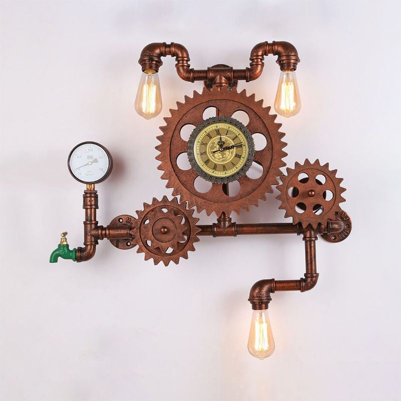 Vintage Industrial 3-Light Copper Wall Sconce With Gear Design And Faucet Details