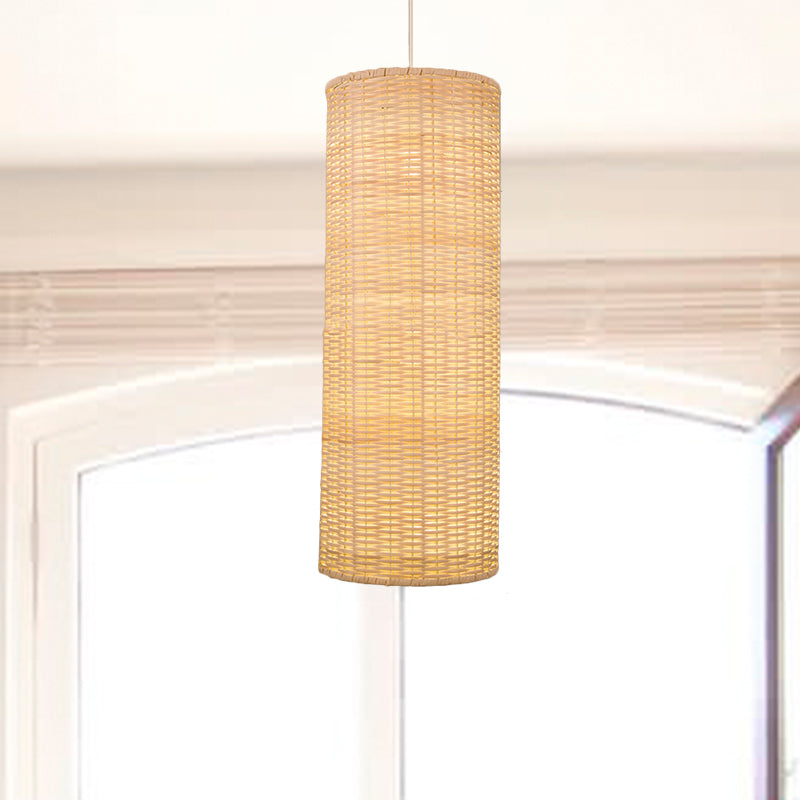 10/12 W Asian Style Rattan Cylinder Hanging Pendant Light - Beige Ceiling Lighting For Restaurants /