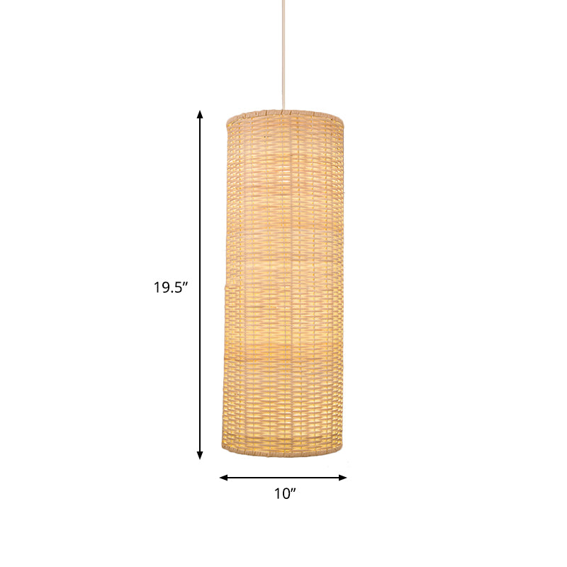 10/12 W Asian Style Rattan Cylinder Hanging Pendant Light - Beige Ceiling Lighting For Restaurants