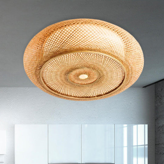 Handcrafted Bamboo Flush Mount Ceiling Light - 3-Light Beige Round Shade Fixture 16/19.5 Width Lamp