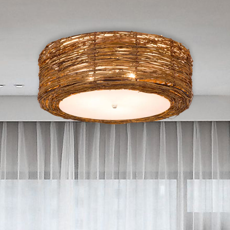 Modern 3-Light Rattan Flush Mount Ceiling Lamp - Hand-Woven Round Shade In Brown 16/19.5 Width Light