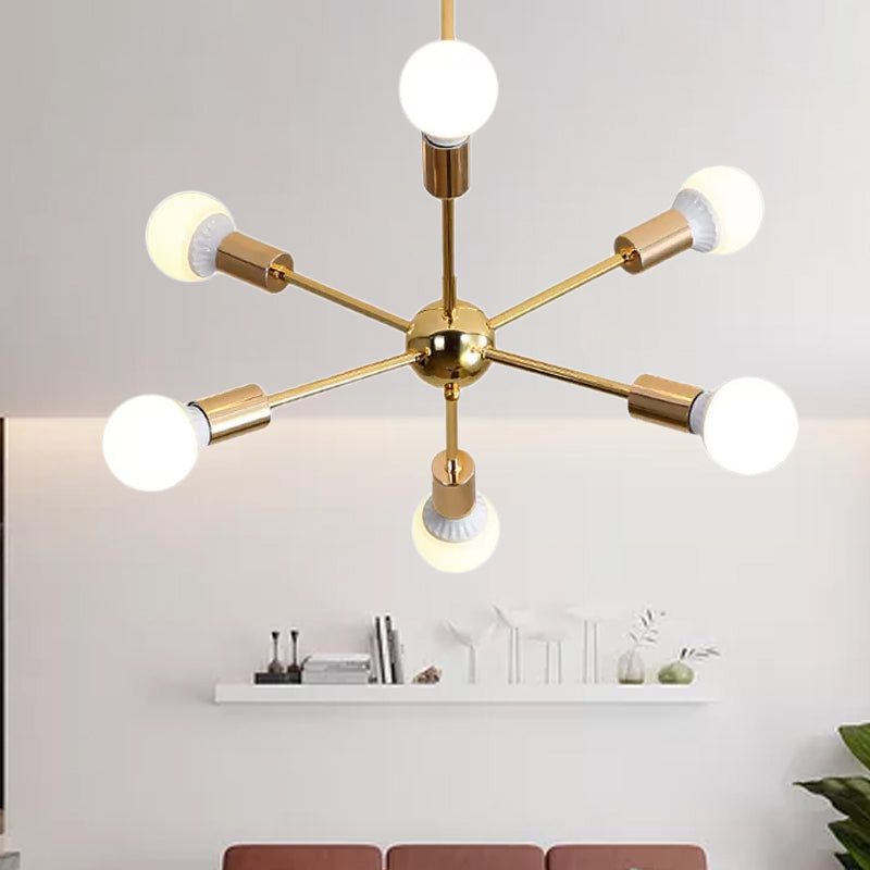 Modernist Metal Starburst Chandelier Light - 26"/38.5" Wide, Gold, 6/10/12 Lights - Hanging Ceiling Lamp with Bare Bulbs