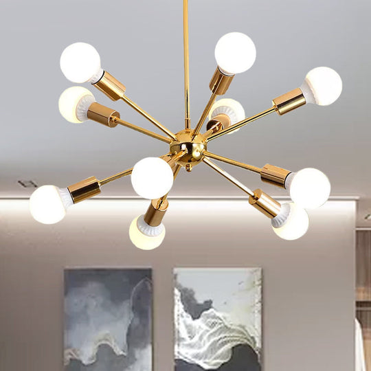 Modernist Metal Starburst Chandelier Light - 26"/38.5" Wide, Gold, 6/10/12 Lights - Hanging Ceiling Lamp with Bare Bulbs