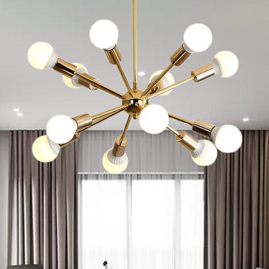 Modernist Metal Starburst Chandelier Light - 26"/38.5" Wide, Gold, 6/10/12 Lights - Hanging Ceiling Lamp with Bare Bulbs